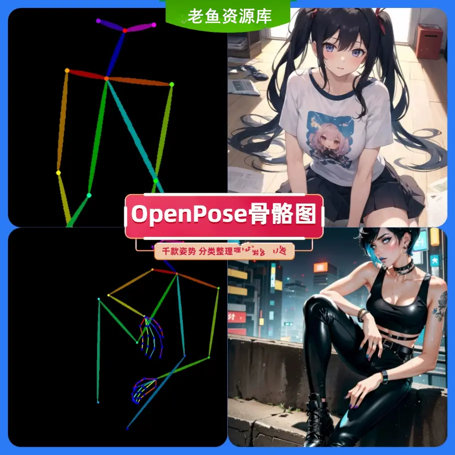 OpenPose骨骼姿势图合集 AI绘画素材 支持ComfyUI/SD 第1张 OpenPose骨骼姿势图合集 AI绘画素材 支持ComfyUI/SD 第1张