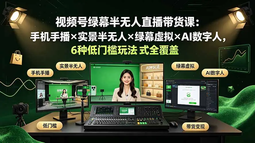 视频号绿幕半无人直播带货课:手机手播×实景半无人×绿幕虚拟×AI数字人 第1张 视频号绿幕半无人直播带货课:手机手播×实景半无人×绿幕虚拟×AI数字人 第1张