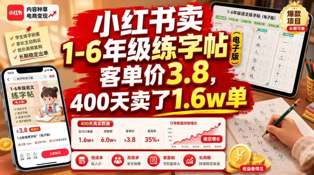 小红书卖1-6年级练字帖(电子版),客单价3.8,400天卖了1.6w单 第1张 小红书卖1-6年级练字帖(电子版),客单价3.8,400天卖了1.6w单 第1张