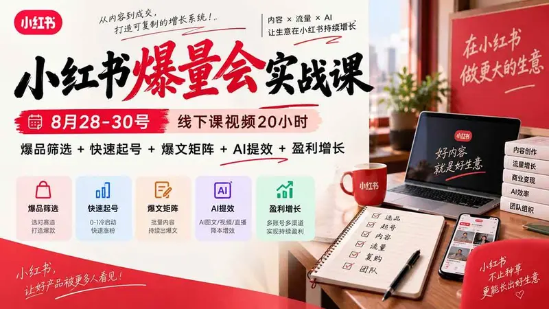 小红书爆量会实战课:8月28-30号线下课视频20小时 第1张 小红书爆量会实战课:8月28-30号线下课视频20小时 第1张