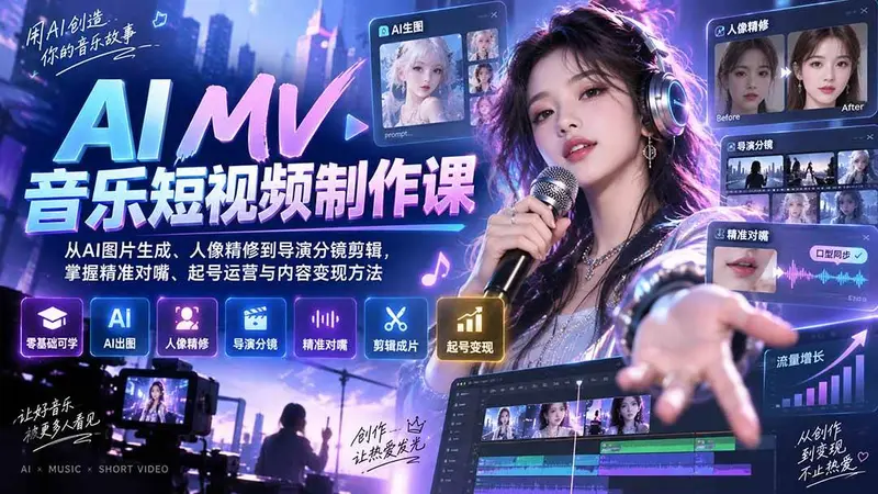 AI MV音乐短视频制作课:从AI图片生成、人像精修到导演分镜剪辑 第1张 AI MV音乐短视频制作课:从AI图片生成、人像精修到导演分镜剪辑 第1张