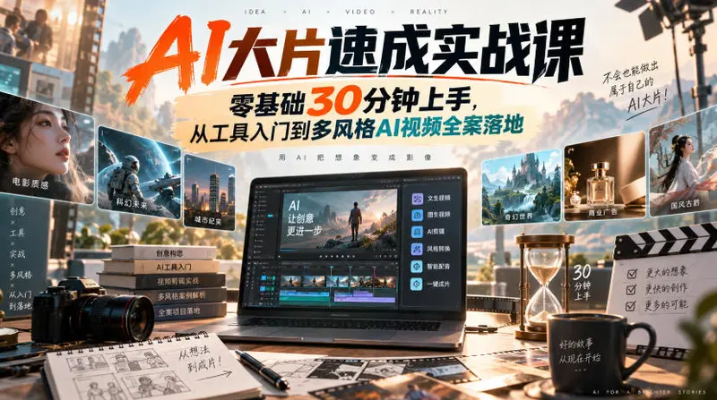 AI大片速成实战课|零基础30分钟上手,从工具入门到多风格AI视频全案落地 第1张 AI大片速成实战课|零基础30分钟上手,从工具入门到多风格AI视频全案落地 第1张