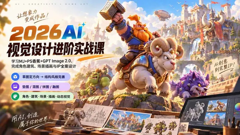 2026AI视觉设计进阶实战课:学习MJ+PS香蕉+GPT Image 2.0 第1张 2026AI视觉设计进阶实战课:学习MJ+PS香蕉+GPT Image 2.0 第1张