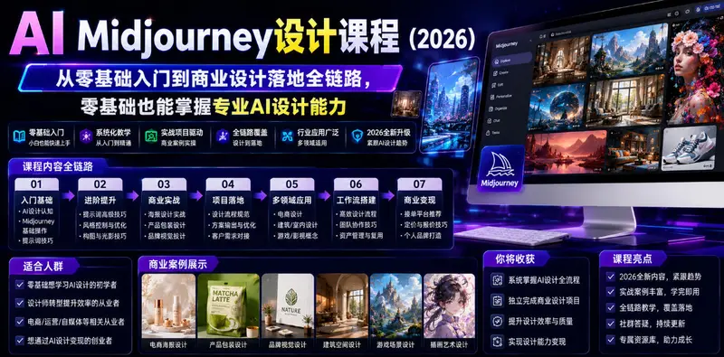 AI Midjourney设计课程(2026)零基础也能掌握专业AI设计能力 第1张 AI Midjourney设计课程(2026)零基础也能掌握专业AI设计能力 第1张