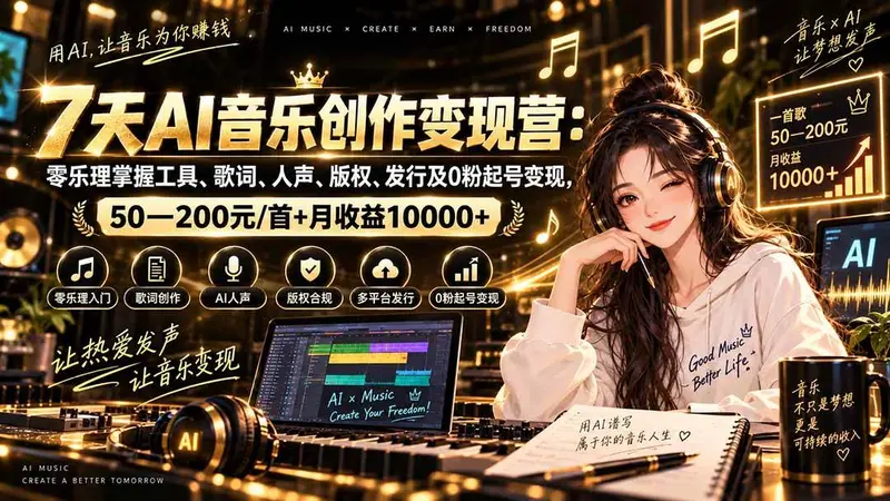 AI音乐创作变现营:零乐理掌握工具、歌词、人声、版权、发行及0粉起号变现 第1张 AI音乐创作变现营:零乐理掌握工具、歌词、人声、版权、发行及0粉起号变现 第1张