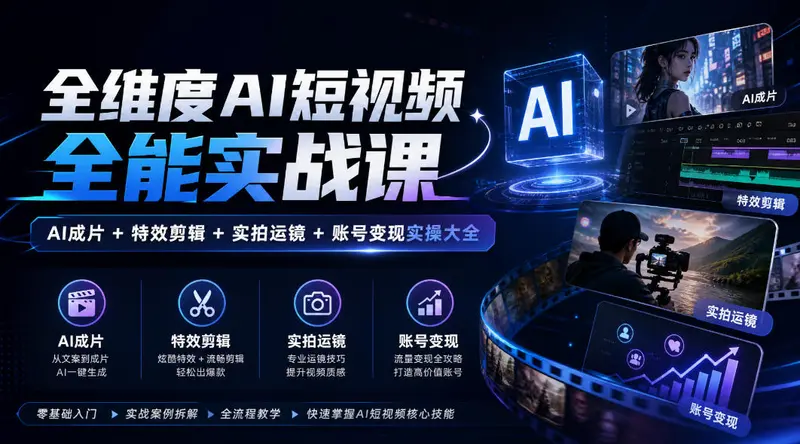 全维度AI短视频全能实战课,AI成片+特效剪辑+实拍运镜 第1张 全维度AI短视频全能实战课,AI成片+特效剪辑+实拍运镜 第1张