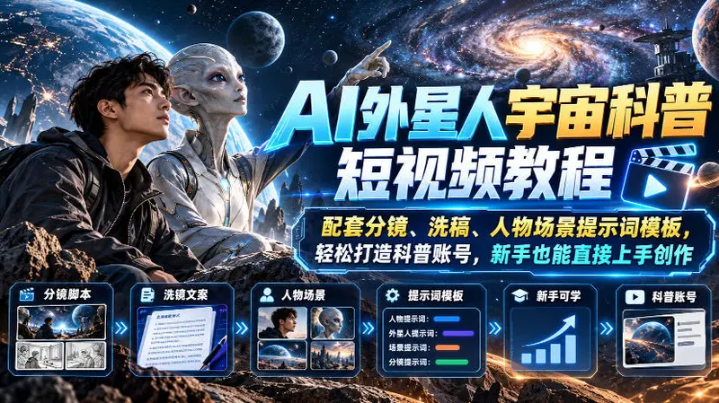 AI外星人宇宙科普短视频教程，配套分镜、洗稿、人物场景提示词模板 第1张