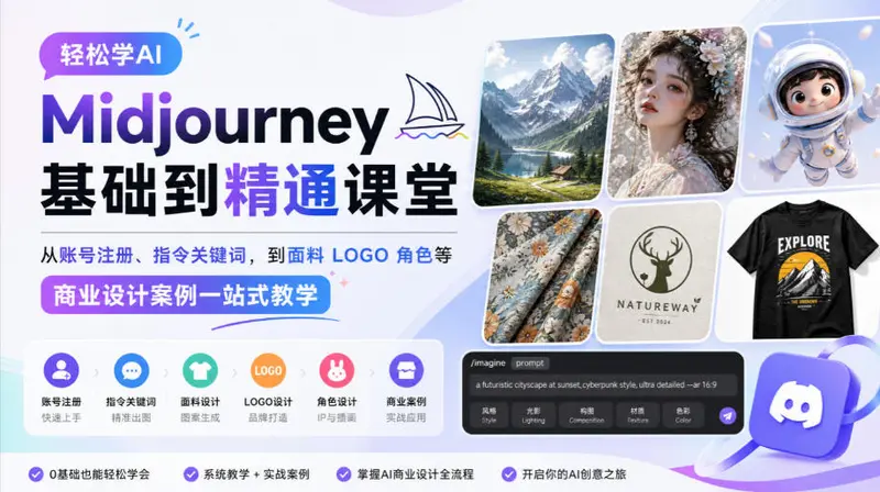 轻松学AI Midjourney基础到精通课堂,从账号注册、指令关键词,到面料LOGO角色等 第1张 轻松学AI Midjourney基础到精通课堂,从账号注册、指令关键词,到面料LOGO角色等 第1张