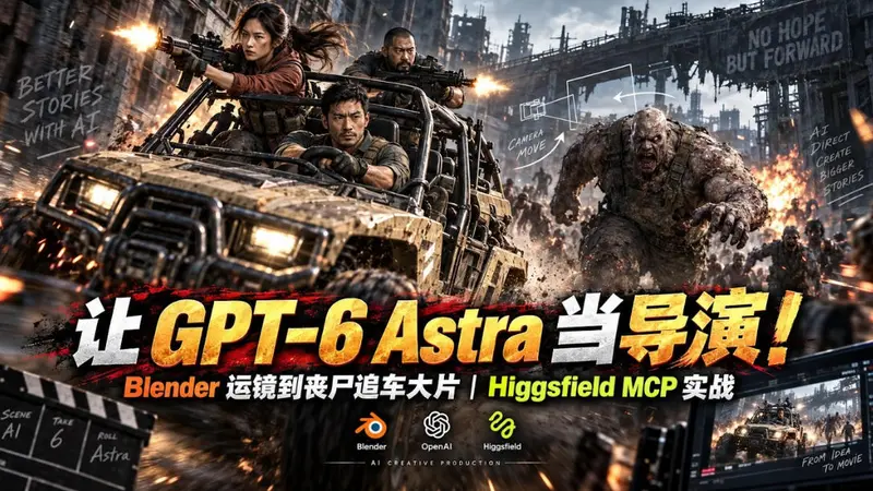 GPT-6 Astra当导演！Blender运镜到丧尸追车大片｜Higgsfield MCP实战 第1张