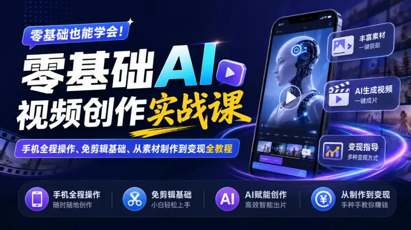 零基础AI视频创作实战课｜手机全程操作、免剪辑基础、从素材制作到变现全教程 第1张