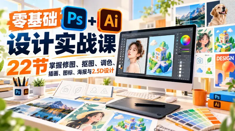 零基础PS+AI设计实战课|22节掌握修图、抠图、调色、海报与2.5D设计 第1张 零基础PS+AI设计实战课|22节掌握修图、抠图、调色、海报与2.5D设计 第1张